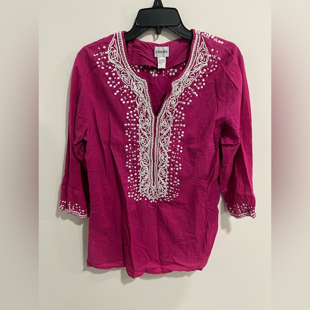 Chicos Embroidered 100% Cotton Tunic Boho Top